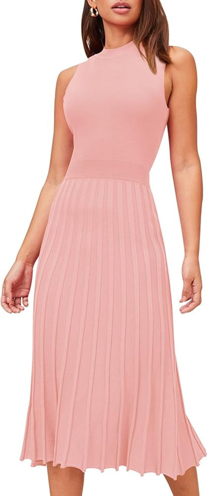 Pink Queen Women's Crew Neck Sleeveless High Waisted Bodycon Pleated Ribbed Swing Knit Midi Dress... | Amazon (US)