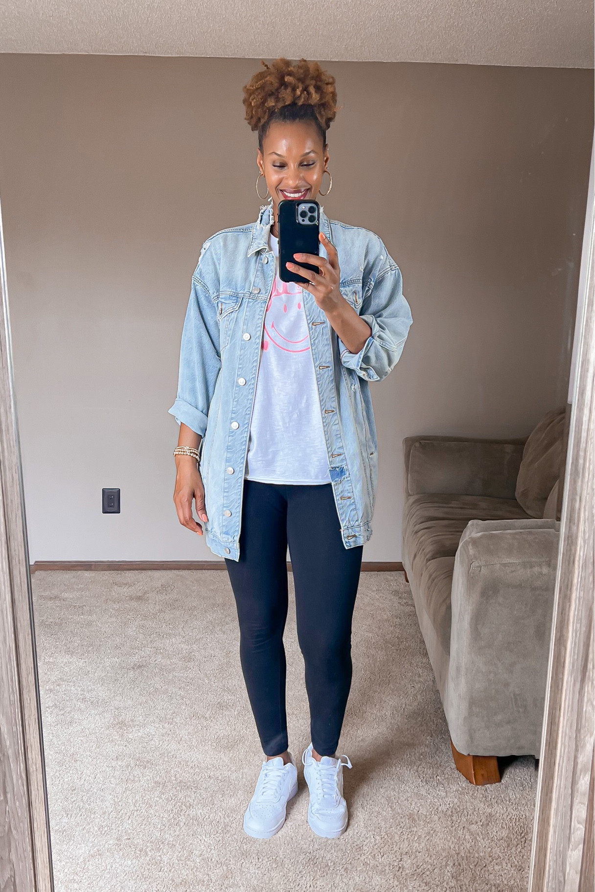 Simple airport travel outfit. Oversized tee and leggings will be comfortable and the denim jacket will keep you warm if the airport is cold

#LTKstyletip #LTKtravel