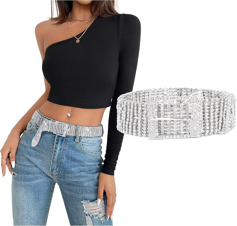 XZQTIVE Women Crystal Belt Rhinestone Shiny Diamond Bling Glitter Chain Waist Belt for Jeans Dresses | Amazon (US)
