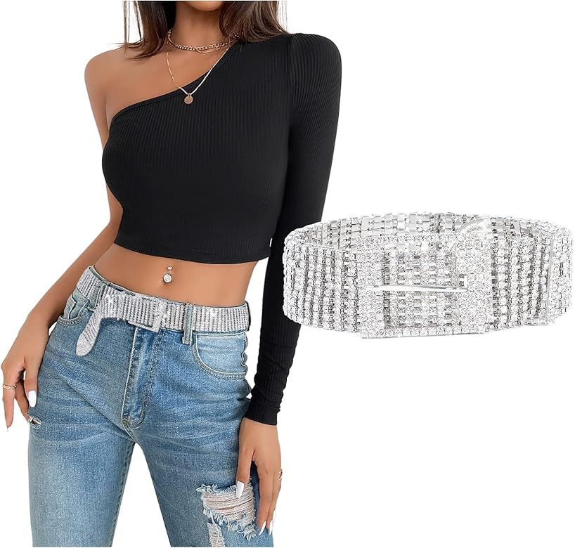 Women Crystal Belt Rhinestone Shiny Diamond Bling Glitter Chain Waist Belt for Jeans Dresses Pant... | Amazon (US)