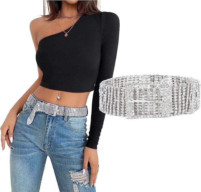 Women Crystal Belt Rhinestone Shiny Diamond Bling Glitter Chain Waist Belt for Jeans Dresses Pant... | Amazon (US)
