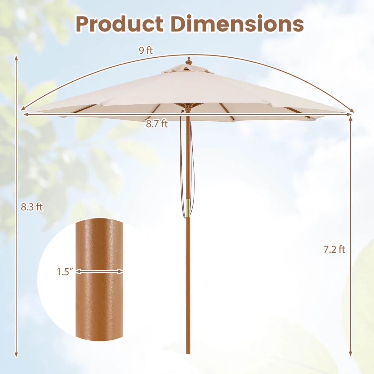 9 FT Patio Umbrella with Adjustable Height, Rope Pulley Lift, Vented Top for Beach | Wayfair North America