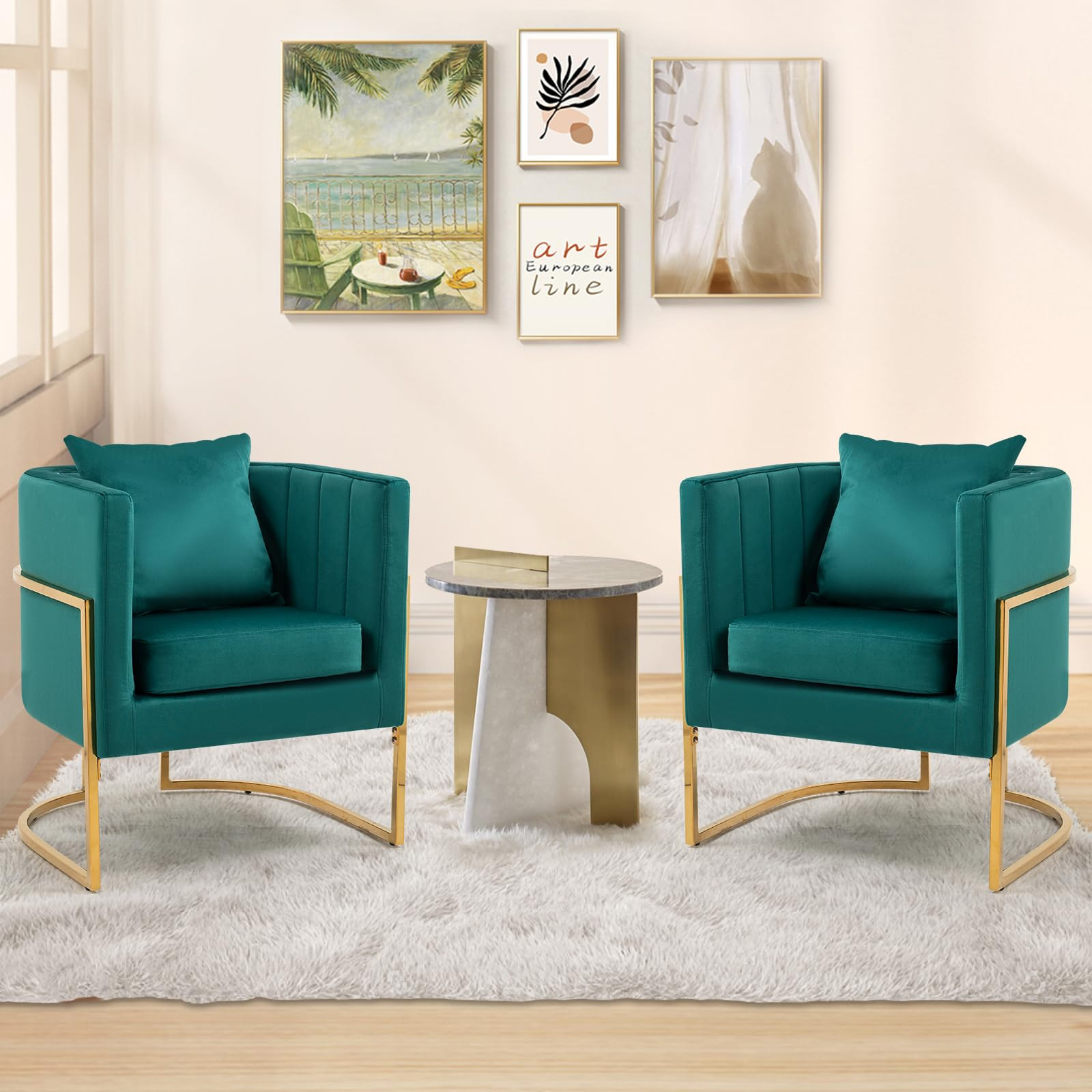 Velvet Modern Accent Chairs Set of 2, Upholstered Barrel Armchair Mid Century with Pillow for Liv... | Amazon (US)