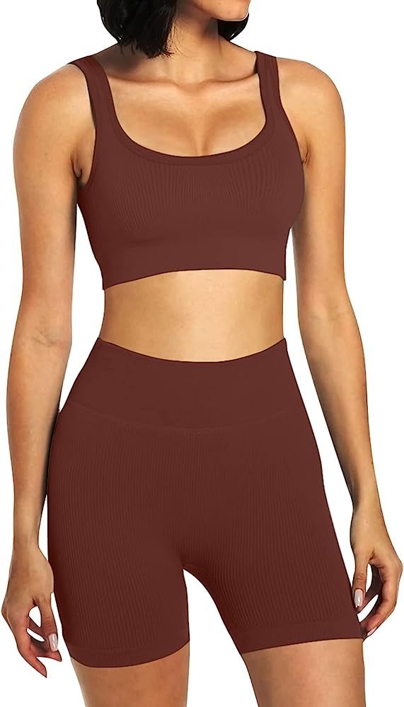 Mayround Workout Sets for Women 2 Piece Seamless Ribbed High Waist Leggings Shorts with Sports Br... | Amazon (US)