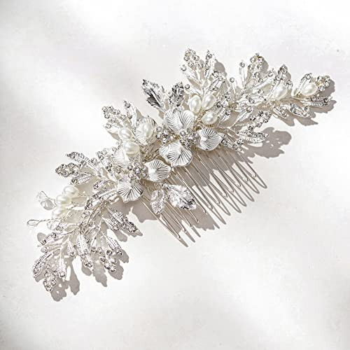 SWEETV Handmade Wedding Hair Comb Clip Rhinestone Bridal Hair Comb Piece, Hair Accessories for Brides Wedding, Silver | Amazon (US)