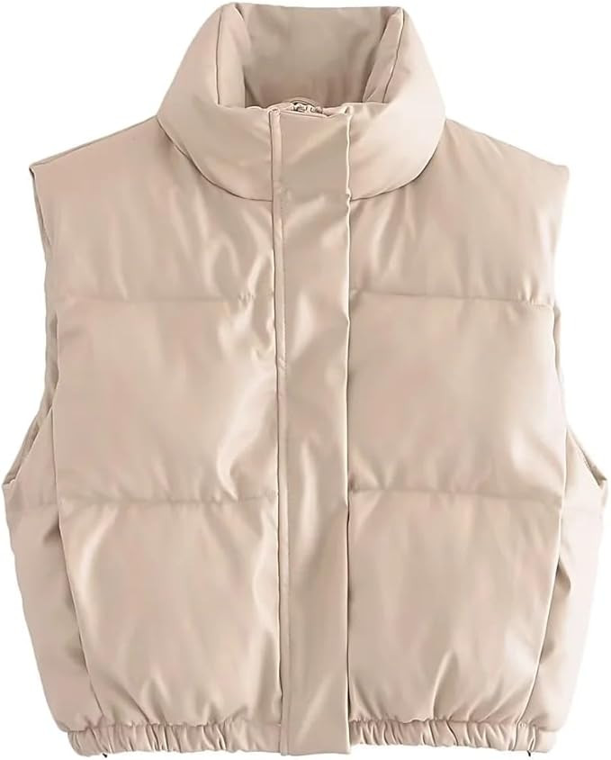 Bowanadacles Womens Faux Leather Puffer Vest Stand Collar Cropped Padded Zip Up Sleeveless Jacket... | Amazon (US)