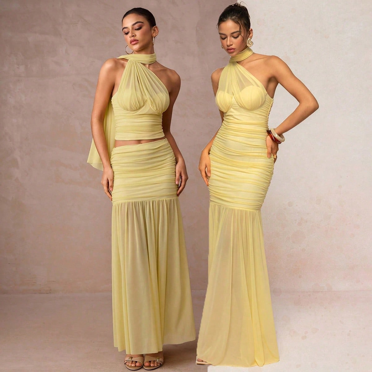 Lumalex Ausflug, Cremegelber Sommer-Badeanzug, Bademode, Schwimmen, Urlaub, Elegant, Ostern, Bohemian, Boho, Meer, Strand, Heiß, Outdoor, Reich Geschichtet, Hochzeitssaison, Bankett, Zeremonie Zum Erwachsenwerden, Strand, Meer, Neckholder, Floway, Gerüschte Brust, Figurbetontes, Durchsichtiges Kleid Für Damen, Damenkleider, Geburtstag, Damen, Sommerkleidung, Damen, Lässiges Kleid, Damen, Sommerkleidung | SHEIN