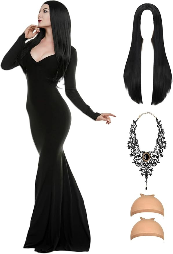 Oumbivil Adult Black Dress for Goth Costume Women Family Party Dress Up with Wig Necklace for Vam... | Amazon (US)