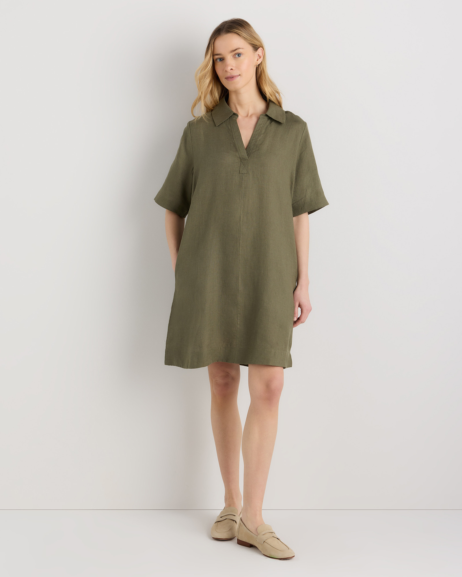 Quince | Women's 100% European Linen Popover Mini Dress in Bayberry Olive, Size Small | Quince
