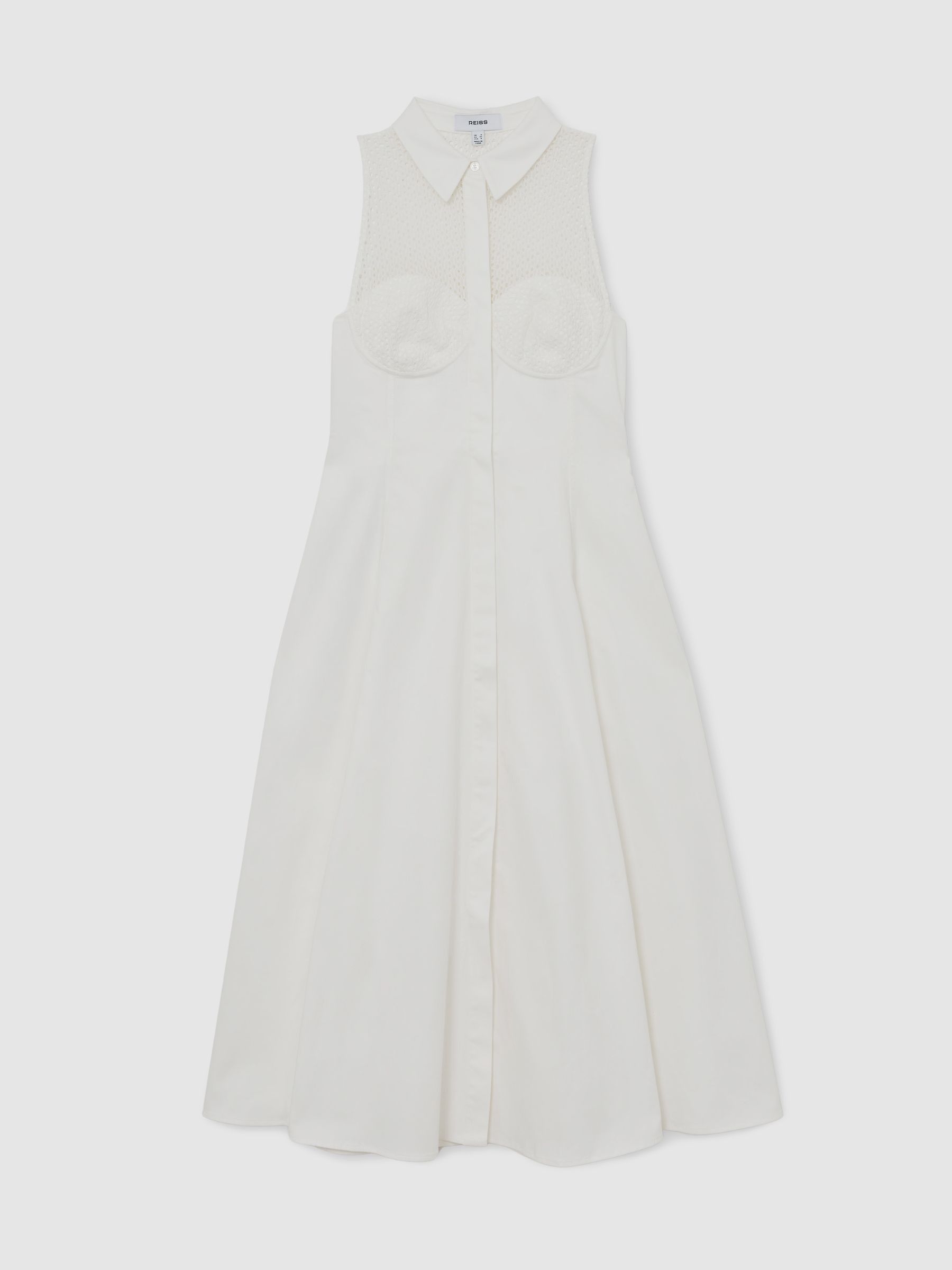 Reiss Cotton Broderie-Detail Midi Dress with Stretch in Ivory - REISS | Reiss UK