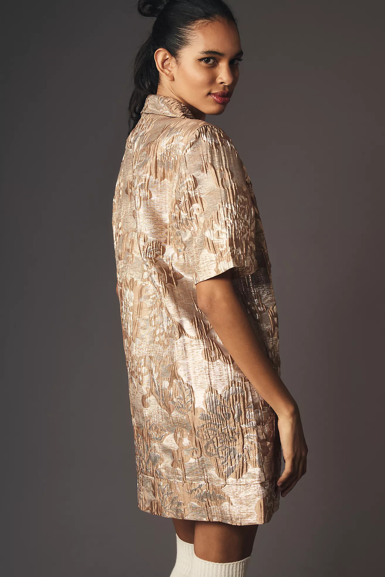 Porridge Short-Sleeve V-Neck Jacquard Mini Shirt Dress | Anthropologie (US)