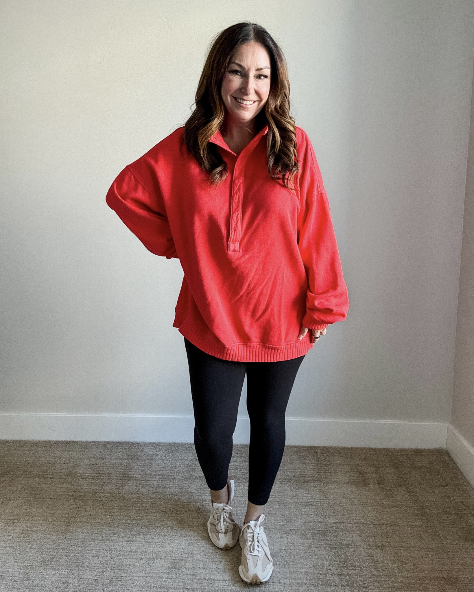 Oversized Red Tunic Sweatshirt Athleisure Outfit | Wearing Top, L // Leggings, L // Sneakers 1/2 size up 

 

#LTKHoliday #LTKActive #LTKOver40