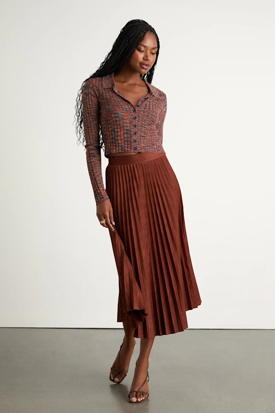 Raylie Rust Brown Suede Pleated Midi Skirt | Lulus