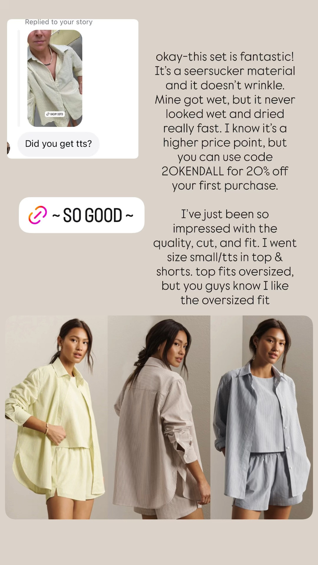 SO impressed with this new line from Rhone! The quality, fit, performance- all of it! You can use code 20KENDALL for 20% off your first purchase. I went tts/small. The top fits oversized which I prefer 

vacation outfit, resort wear, spring break 