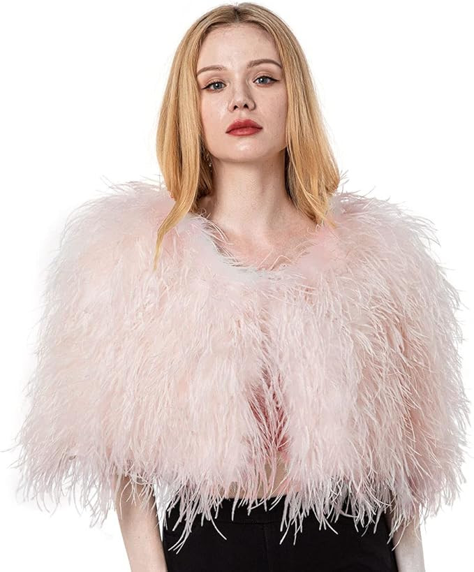 Women Ostrich Fur Feather Small Shawl Cape for Wedding for Party Bride Furry White Color Blush Fl... | Amazon (US)
