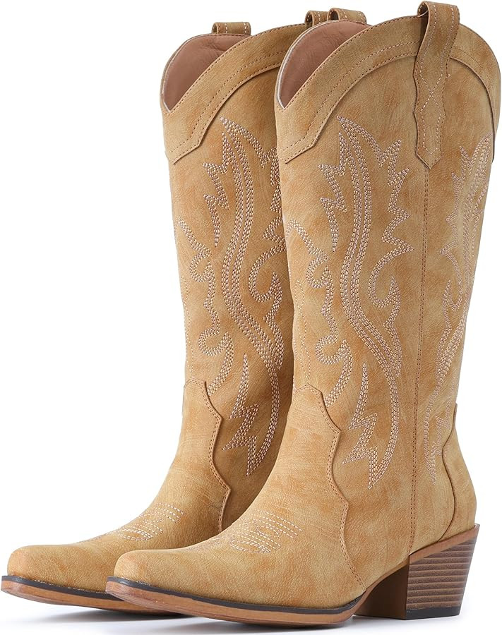 IUV Cowboy Boots For Women Western Cowgirl Boots with Chunky Heel Mid Calf Snip Toe Ideal for low... | Amazon (US)