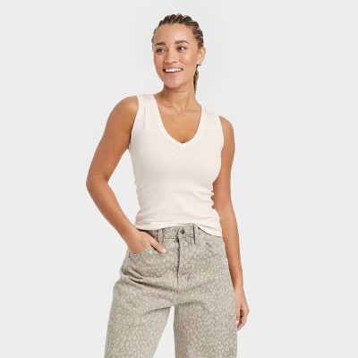 Women's Ribbed Fitted Tank Top - Universal Thread™ Cream XL: Cotton-Spandex Blend, Midweight, V Neck, Pullover, At Hip Length | Target