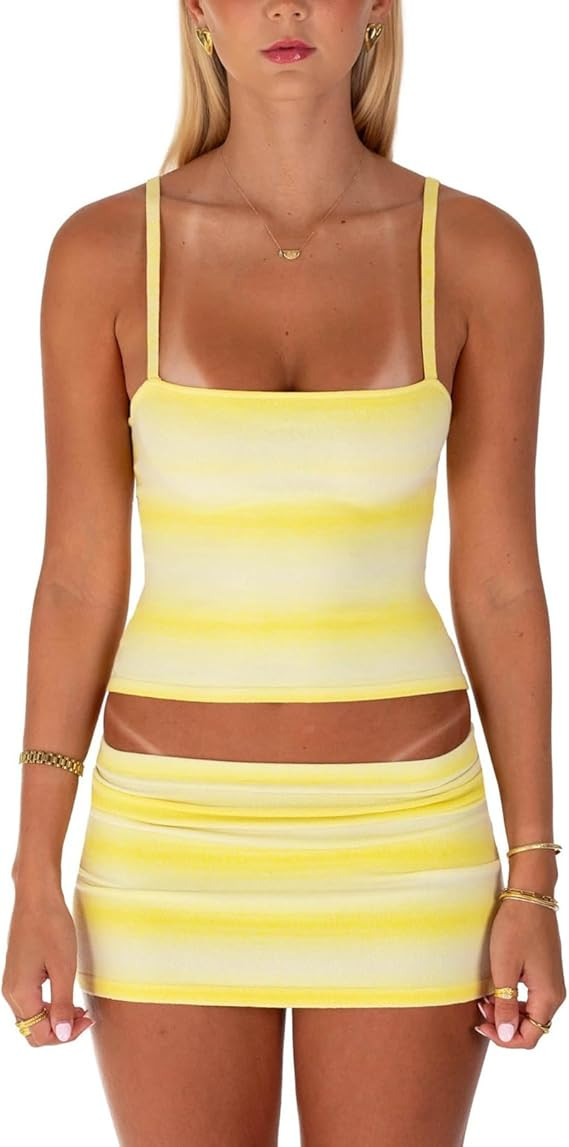 Argeousgor Women Striped Mini Skirt Set Y2k Cropped Cami Tank Top and Bodycon Short Skirt Summer ... | Amazon (US)