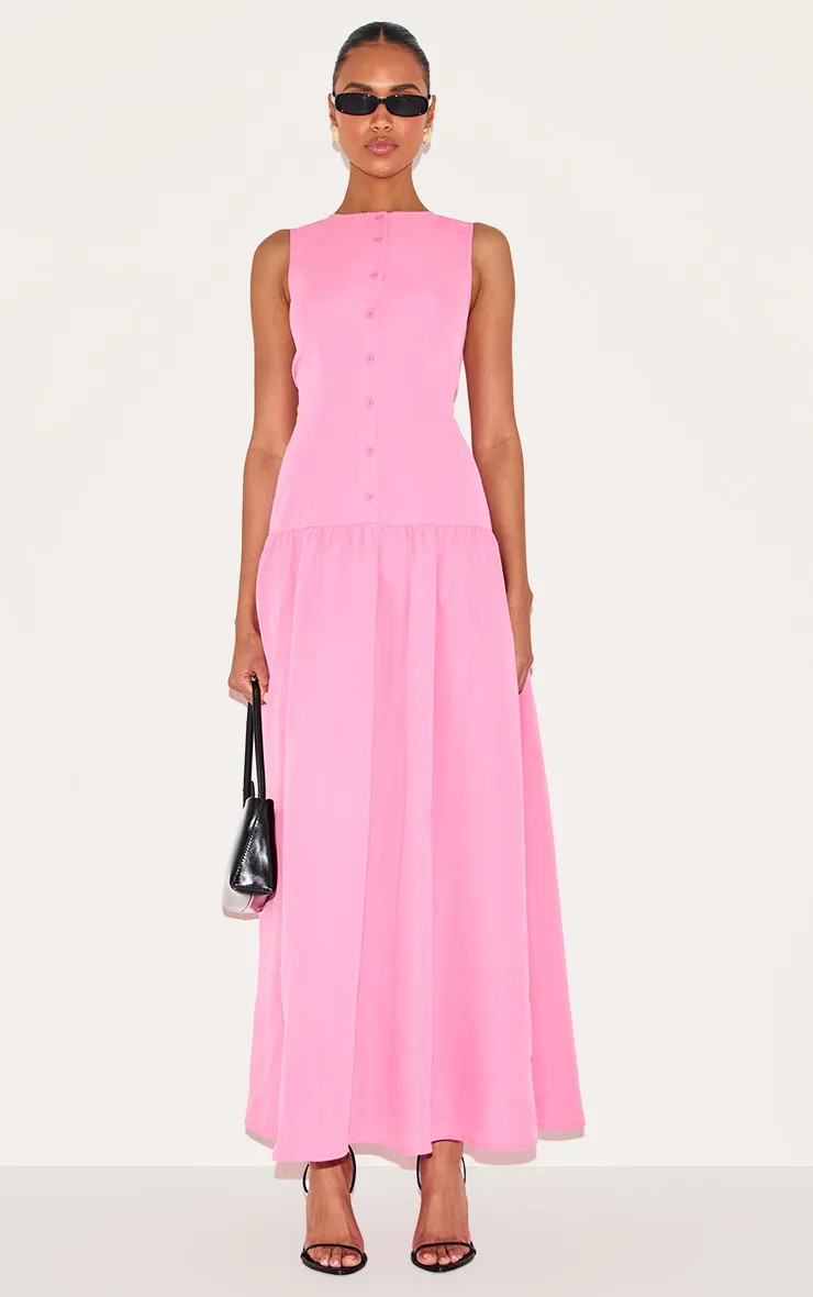 Candy Pink Button Down Drop Waist Maxi Dress | PrettyLittleThing US