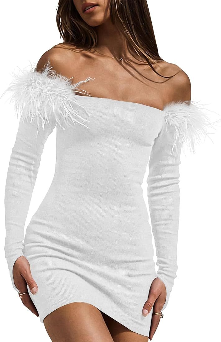 BTFBM Women's Off Shoulder Bodycon Dress Feather Long Sleeve Ribbed Knit Elegant Cocktail Evening... | Amazon (US)
