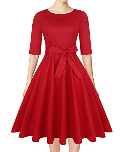 MINTLIMIT Women's Elegant Casual 3/4 Sleeve Wrap Dress Retro V-Neck A Line Work Swing Dresses (3/4 Sleeve - Red,Size M) | Amazon (US)