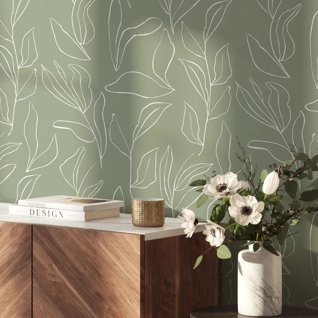 Sage Modern Leaves Peel and Stick Wallpaper | Tropical Minimalistic Removable Mural | Self Adhesi... | Etsy (US)