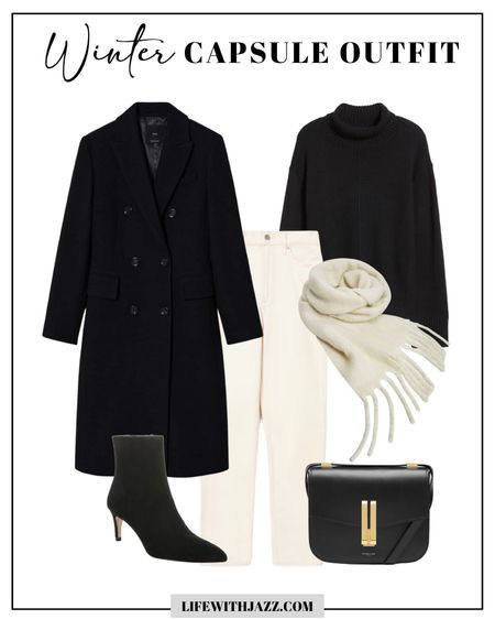 Winter capsule outfit in black and white 

Long black coat 
Turtleneck sweater 
Straight leg jeans 
Leather tote 
Heeled boots 

Business casual / workwear / capsule wardrobe 

#LTKworkwear #LTKtravel #LTKunder100