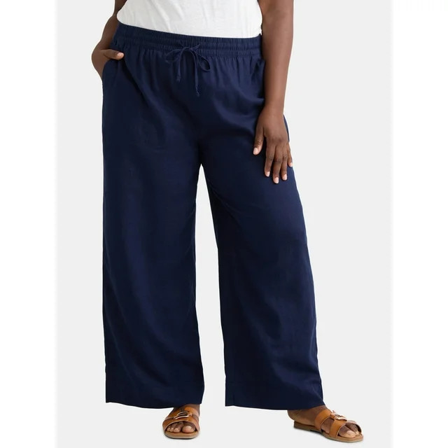 Time and Tru Women's and Women's Plus Wide Leg Linen Blend Pants, 29" Inseam, Sizes XS-4X - Walma... | Walmart (US)