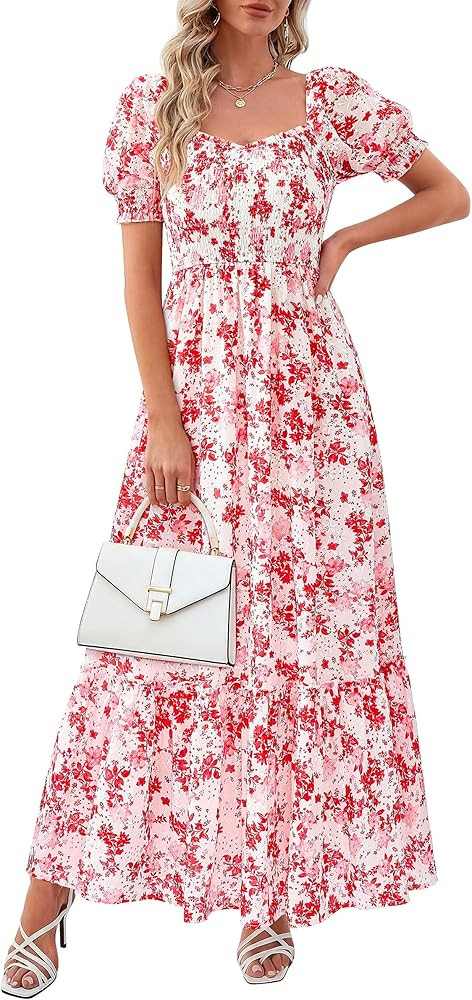 PRETTYGARDEN Women's Floral Boho Maxi Dresses Flowy Short Sleeve A Line Smocked Eyelet 2026 Summe... | Amazon (US)