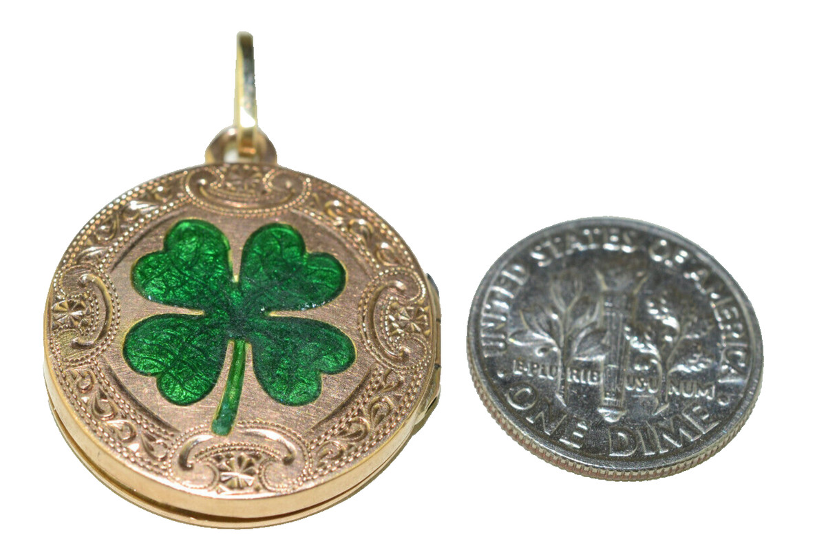 ANTIQUE 14K YELLOW GOLD ENAMEL 4-LEAF CLOVER LUCKY LOCKET PENDANT | eBay US