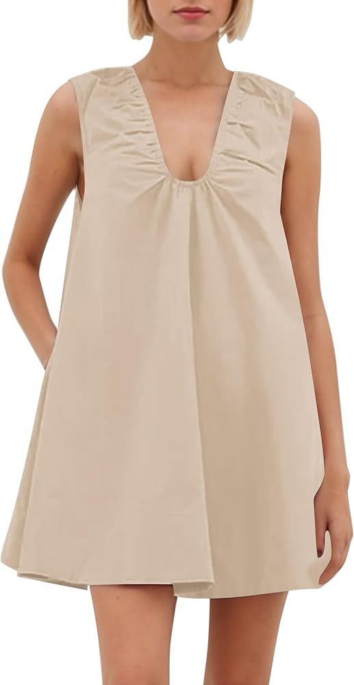 Women's Sleeveless Babydoll Tank Mini Dress Scoop Neck Ruched Bubble Dress with Pockets Short Sum... | Amazon (US)