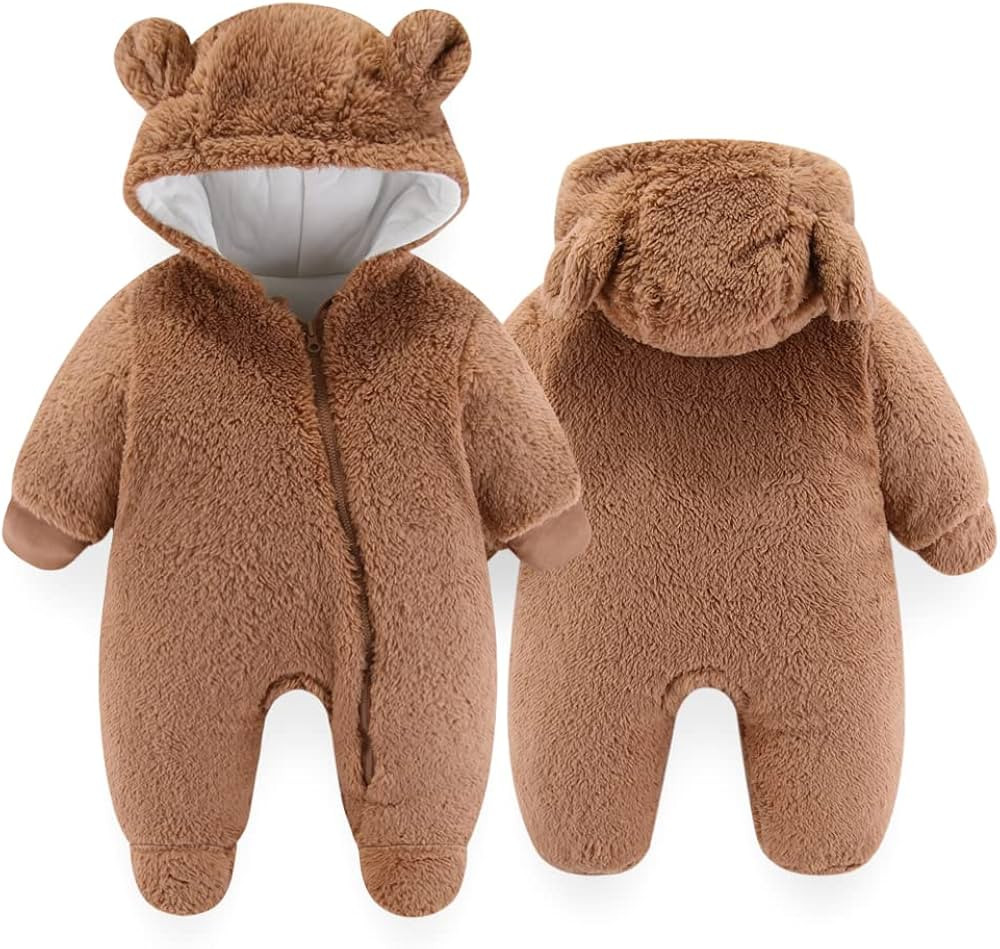 UVIPC Newborn Baby Fleece Footie Snowsuit Winter Onesie Cartoon Bear Warm Hooded Outfits for Girls B | Amazon (US)