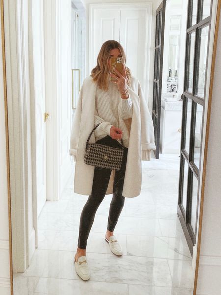 Cella Jane x Splendid collection. Wearing size small, all runs TTS. Cream turtleneck, cream jacket, vegan leather leggings, Gucci mules. 

#LTKstyletip