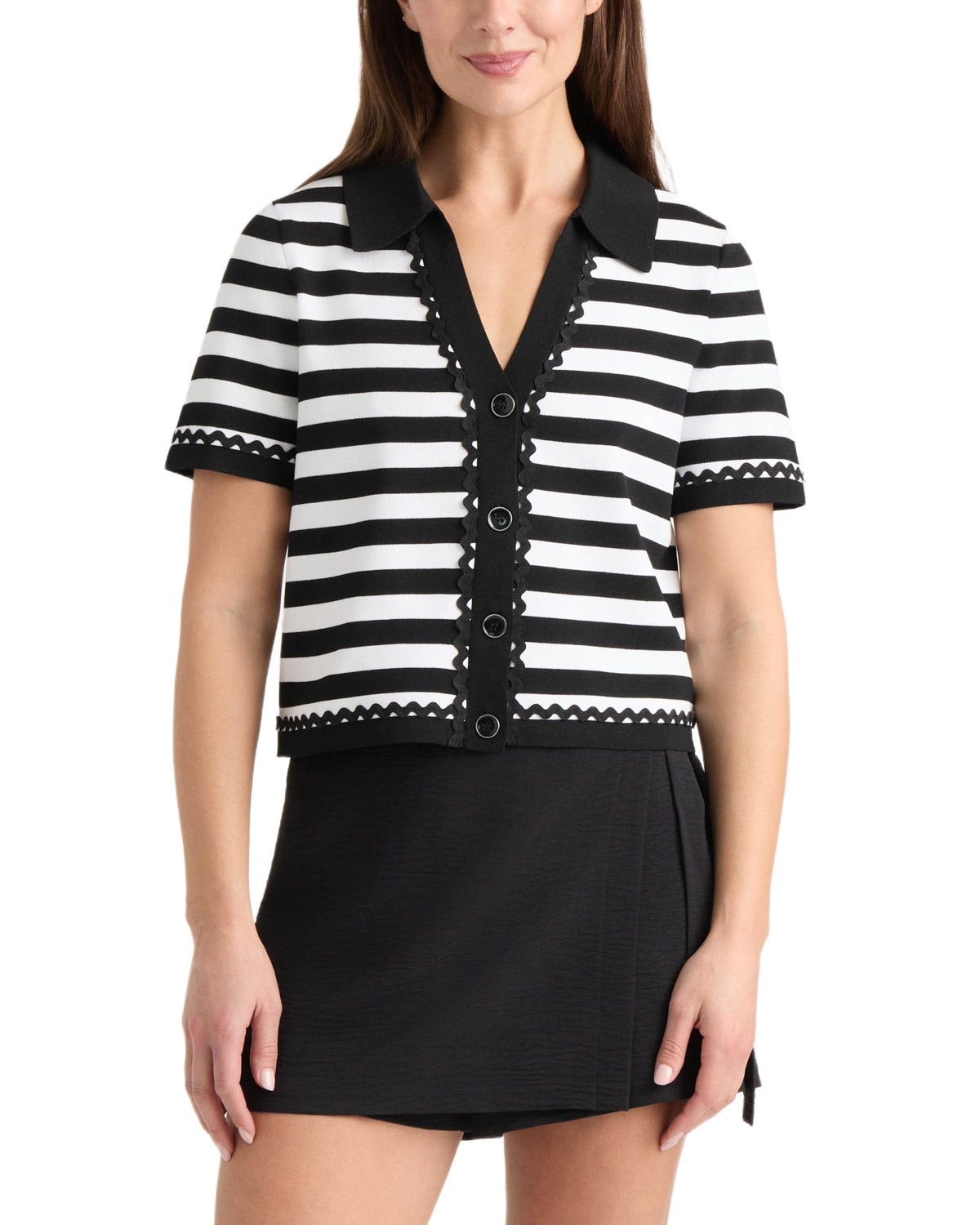 Ellen Tracy Women's Short Sleeve Ric Rac Trims Cardigan - Black/ white stripe | Macy's