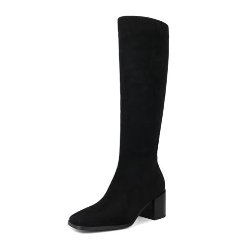 wetkiss Women's Black Suede Knee High Boots with Square Toe, Chunky Block Heel, 70s Style | Amazon (US)