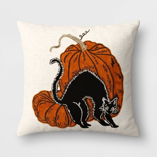 Embroidered and Appliqued Cat and Pumpkin Square Throw Pillow Almond/Orange - Threshold™ | Target