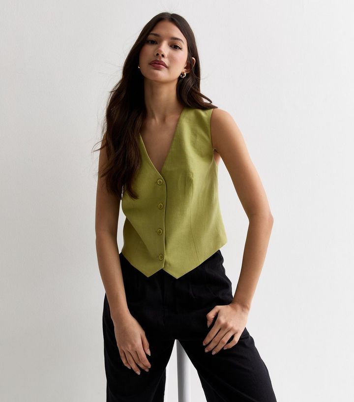 Green Linen Blend Button Front Waistcoat | New Look | New Look (UK)