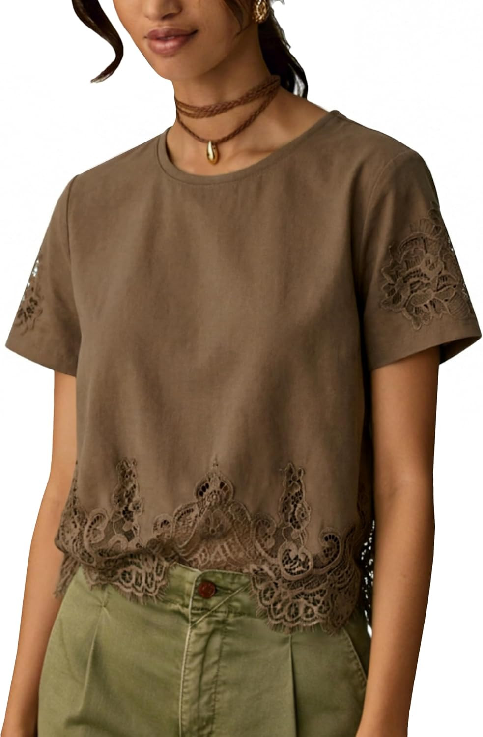 Aimiray Women's Lace Tops Cropped Crew Neck Lace Trim Shirt | Amazon (US)