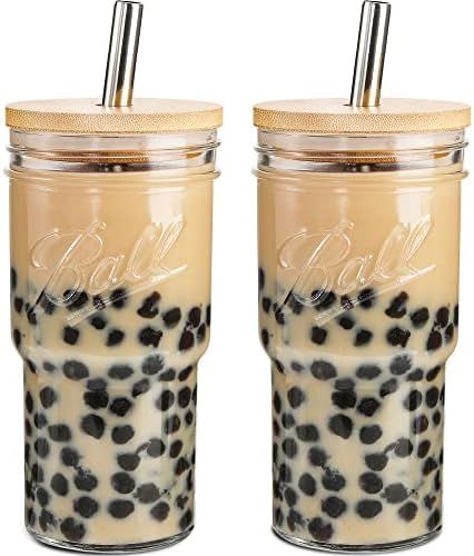 Amazon.com: 2Pack Glass Tumbler with Bamboo Lid and Straw, 22oz Iced Coffee Cups, Mason Jar Drink... | Amazon (US)