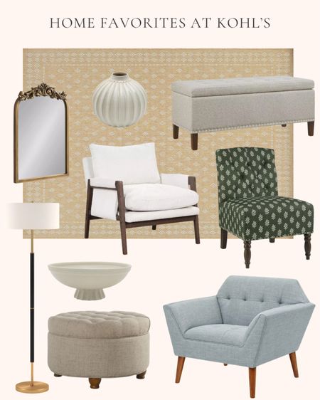 Home decor and furniture favorites at Kohl’s. Tufted storage ottoman. Green pattern accent chair. Round tufted storage ottoman. Light blue lounge accent chair. Mid century modern velvet accent chair. Black and gold two light floor lamp. Diamond border indoor/outdoor accent area rug. Gold traditional arched wall mirror. Cream fluted decorative bowl. Table decor. Small round fluted vase. Dining room. Living room  

#LTKhome