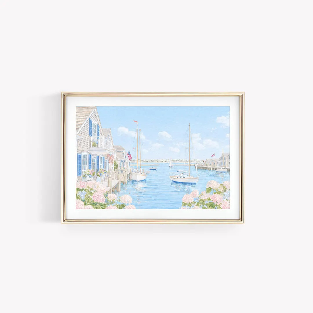 Nantucket Harbor Watercolor Print, Preppy Pastel Painting, East Coast Nautical Sailboat Art, Coas... | Etsy (US)