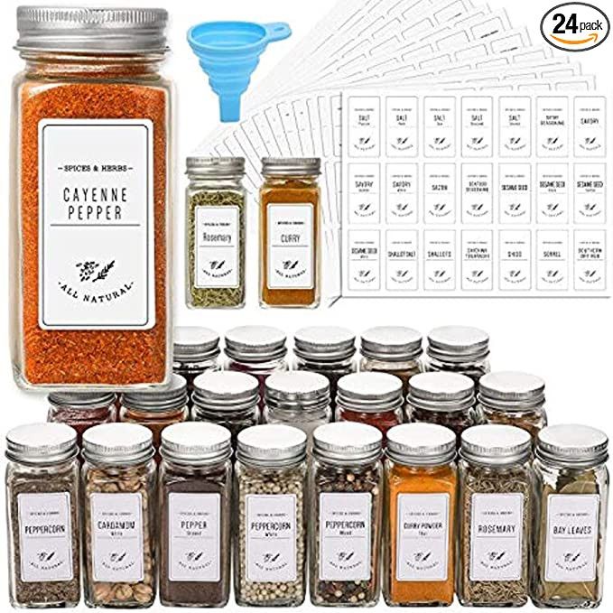 AOZITA 24 Pcs Glass Spice Jars with White Printed Spice Labels - 4oz Empty Square Spice Bottles -... | Amazon (US)