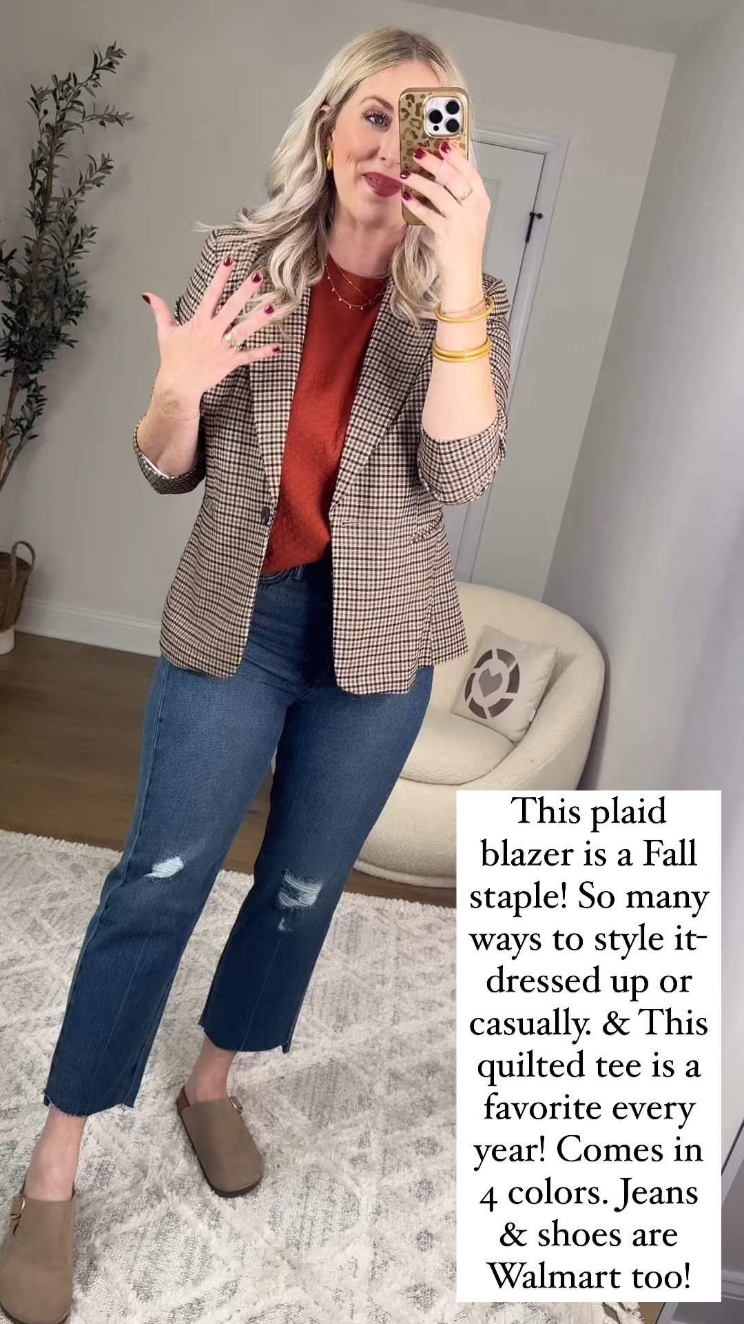 Plaid blazer, Walmart outfit, Walmart try on, quilted top, time and tru, free assembly, fall outfit 

Medium 

#LTKStyleTip #LTKVideo #LTKFindsUnder50
