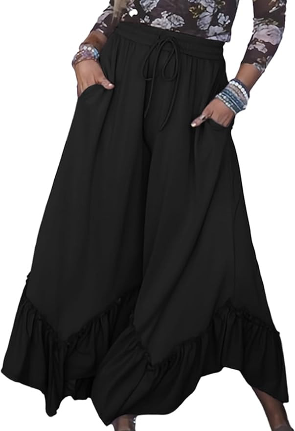 Womens Wide Leg Palazzo Pants Baggy Lounge Ruffled Hem Adjustable Drawstring Culotte Trousers wit... | Amazon (US)