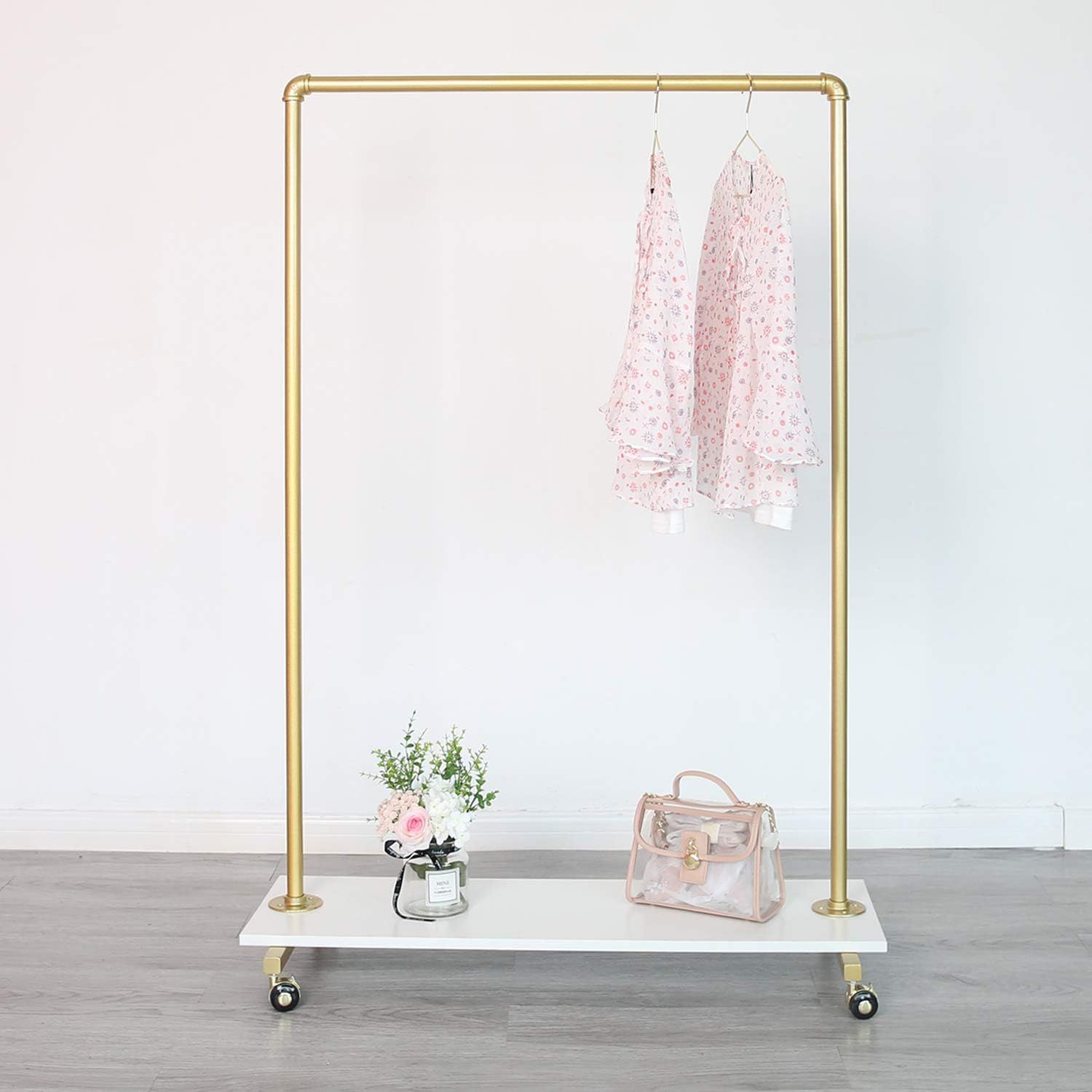 Gold Metal Clothing Rack with Wood Shelf, Heavy Duty Rolling Garment Rack with Wheels for Bedroom... | Amazon (US)