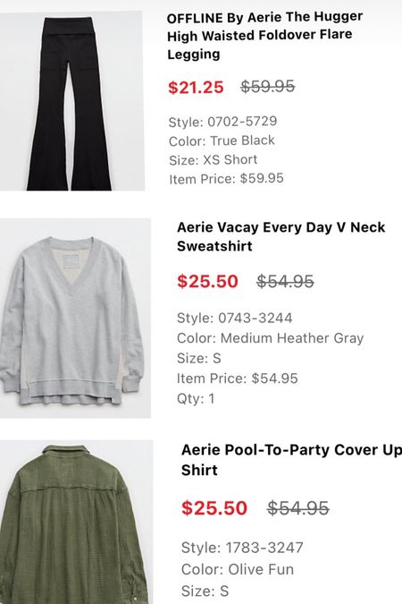 Here’s my recent Aerie order! These are all best sellers and on major sale! Sign up for texts and you’ll get a 15% off promo code that works on these sale items. 

#LTKstyletip #LTKsalealert #LTKfindsunder50