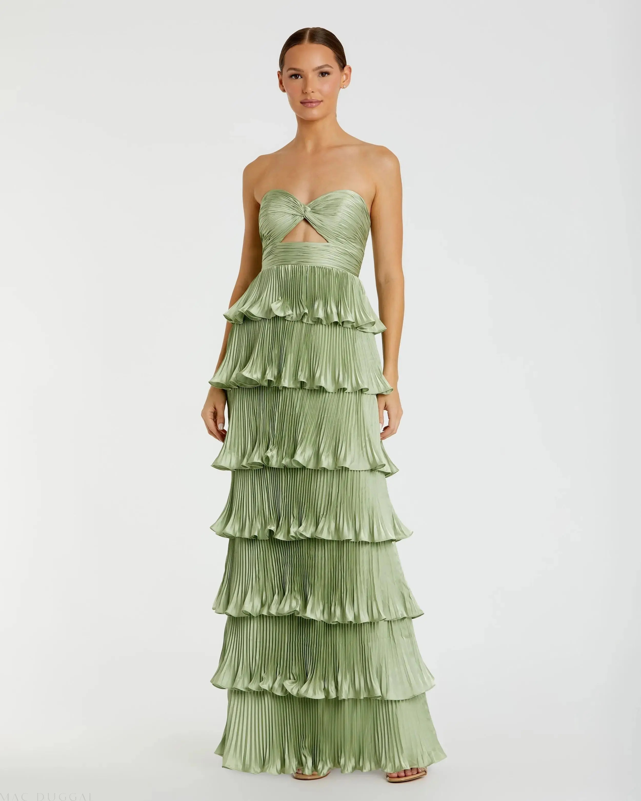 Green Pleated Charmeuse Strapless Tiered Ruffle Gown - Mac Duggal | Mac Duggal
