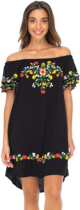 Back From Bali Womens Off Shoulder Short Mexican Embroidered Dress Floral Boho Peasant Dress Tuni... | Amazon (US)