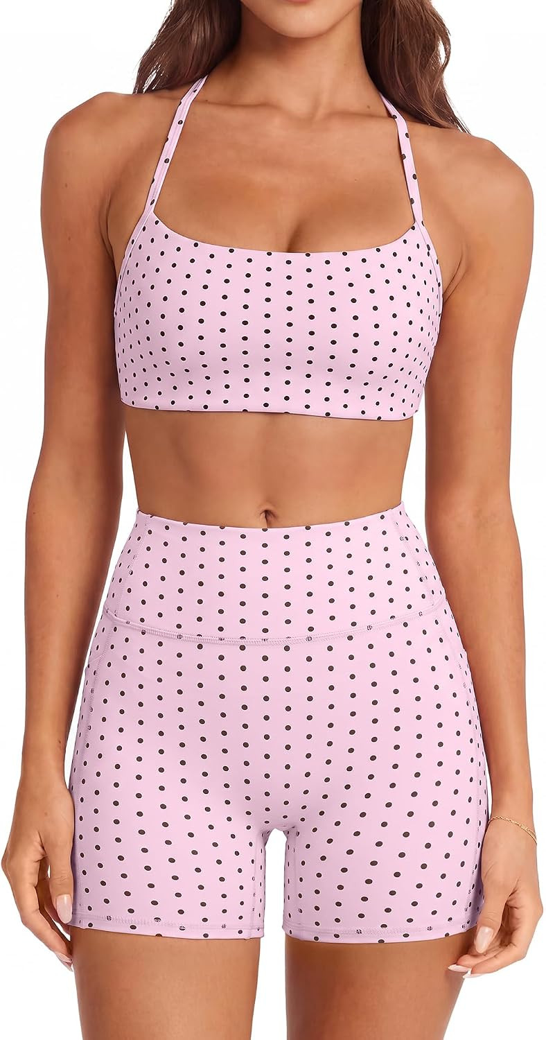SUUKSESS Women 2 Piece Workout Sets Padded Halter Sports Bras High Waisted Biker Shorts with Pockets | Amazon (US)