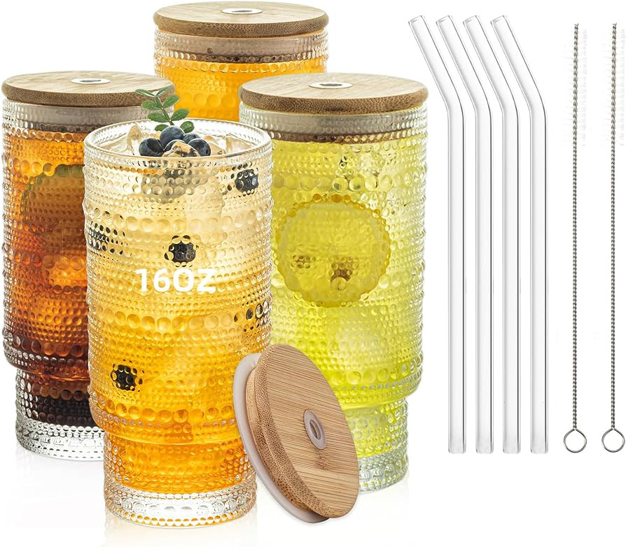 Romantic Highball Drinking Glasses Set of 4, Beaded Glassware, 16oz XL Hobnail Glassware, Vintage... | Amazon (US)